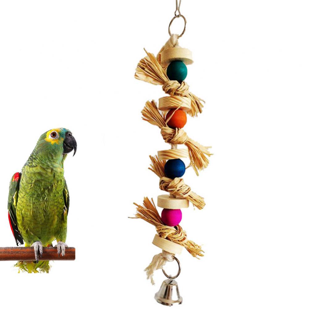 Toy Bell Beads Wooden Straw Hanging Pet Bird Parrot Cotton Rope Cage